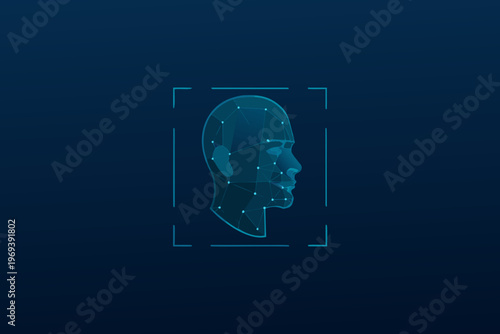 Facial recognition technology depicted with a glowing blue wireframe head scan