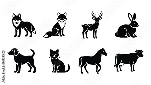 A collection of eight animal silhouettes including a wolf fox deer rabbit dog cat horse and cow silhouette high quality professional
