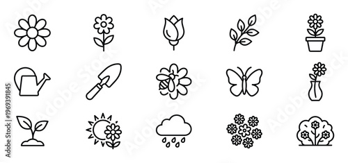 Collection of fifteen black outline icons representing various gardening and nature-related elements on a clean white field