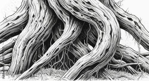 Intertwined Tree Roots Illustration: Detailed Black and White Texture