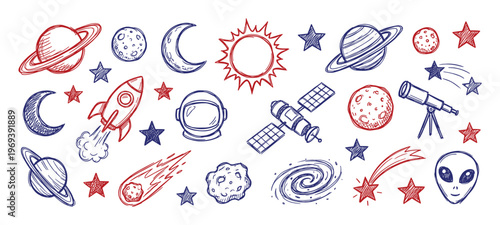 Collection of hand-drawn space elements, including planets, stars, rockets, and an alien, in red and blue sketch style