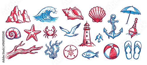 Collection of hand-drawn red and blue nautical and beach-themed illustrations, featuring various marine elements and summer vacation objects