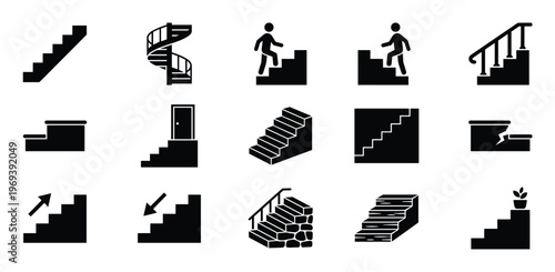 Collection of various black staircase icons, including straight, spiral, and broken steps, presented in a clean, graphic style