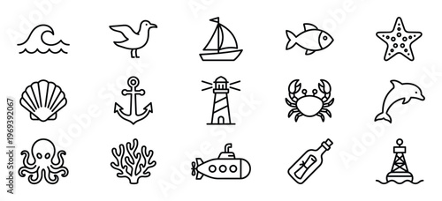 Collection of fifteen black outline nautical and marine life icons, including a wave, seagull, sailboat, fish, starfish, seashell, anchor, lighthouse, crab, dolphin, octopus, coral,