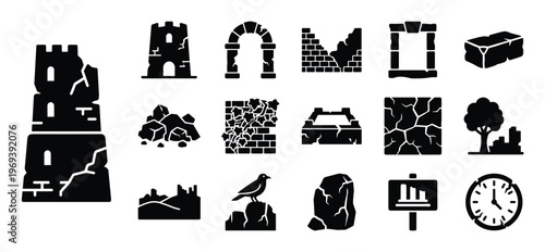 Collection of black silhouette icons depicting various ruined and aged structures, including towers, arches, walls, and natural elements, presented in a clean, graphic style