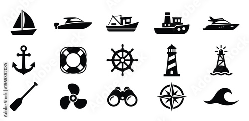 Collection of fifteen black silhouette nautical icons, including various boats, an anchor, lifebuoy, and compass rose