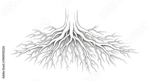 Detailed Black and White Illustration of Tree Roots Spreading Outward