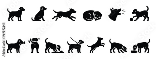 Collection of black silhouette dog icons depicting various actions and poses in a clean, graphic style