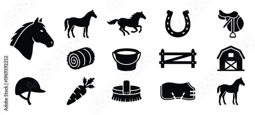 Various black silhouette horse riding and equestrian icons are neatly arranged on a clean white surface, showcasing different elements of the sport