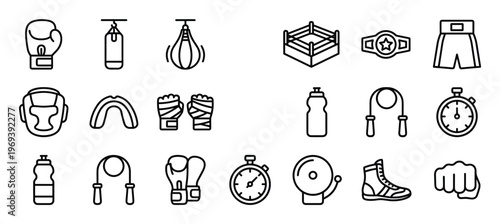 Comprehensive collection of boxing and combat sports equipment icons, rendered in a clean, minimalist outline style