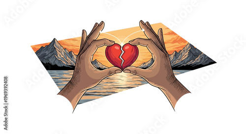 Hands forming heart shape with landscape backdrop isolated on white