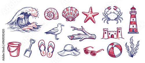 Various hand-drawn summer beach elements, including a wave, seashells, starfish, crab, lighthouse, and sandcastle, are arranged neatly