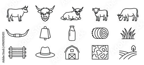 Collection of black outline farm and cattle icons including cows, hay, milk, and a barn, presented in a clean, minimalist style