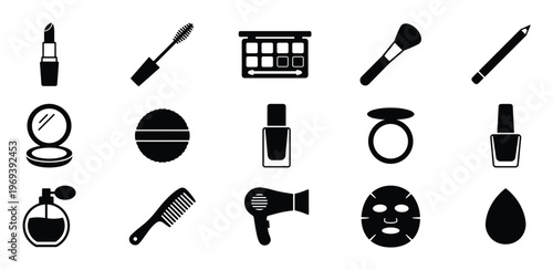 Collection of fifteen black silhouette beauty and cosmetic icons are neatly arranged on a white surface