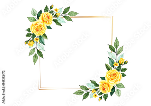 Elegant yellow roses and green leaves decorative border design