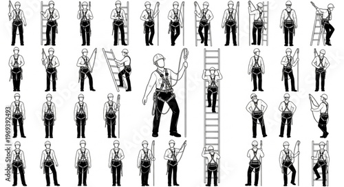 Collection of Construction Workers in Safety Harnesses.