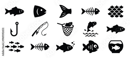 Collection of black silhouette fish and fishing-related icons, including fish, fish skeletons, scales, a hook, and a fishing rod
