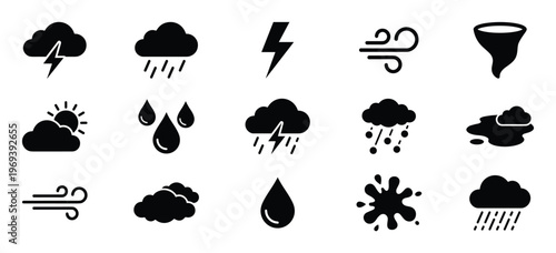 Collection of fifteen black weather icons depicting various atmospheric conditions like rain, sun, wind, and storms