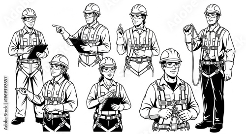 Collection of Construction Workers in Safety Harnesses and Helmets.