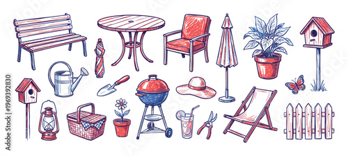 Collection of hand-drawn garden and outdoor leisure items, including furniture, tools, plants, and accessories, in a vibrant sketch style
