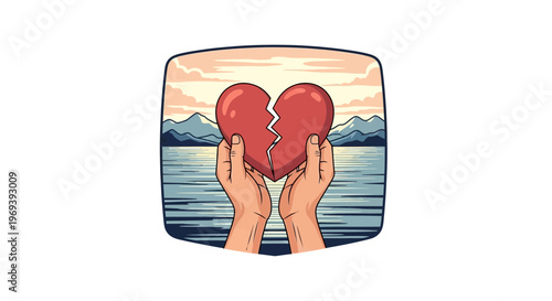 Hands holding a broken heart symbol over a landscape background