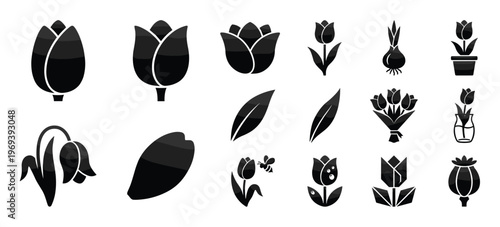 Collection of various black and white tulip icons in different stages of growth and arrangements, presented as a graphic design element