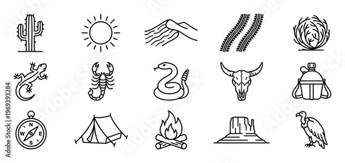 Collection of fifteen black outline desert icons, including a cactus, sun, sand dunes, tire tracks, tumbleweed, lizard, scorpion, snake, bull skull, canteen, compass, tent, campfire, mesa,