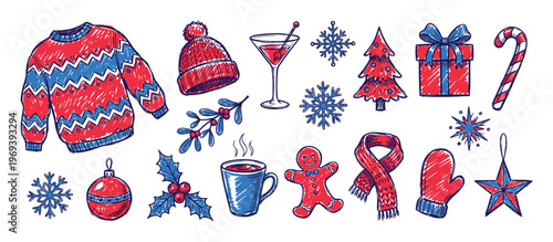 Collection of hand-drawn red and blue Christmas holiday elements and winter items with a festive mood