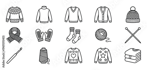 Collection of black outline icons depicting various knitted clothing items and crafting tools, presented in a clean, simple style