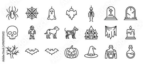 Collection of twenty-four Halloween-themed outline icons, including spiders, ghosts, skeletons, pumpkins, and other spooky elements, presented in a clean, minimalist style