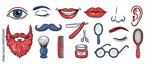 Various hand-drawn doodle style illustrations of human facial features and grooming tools in a vibrant, playful sketch art