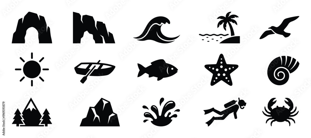 Fototapeta premium Collection of fifteen black silhouette icons representing various outdoor and aquatic activities and elements