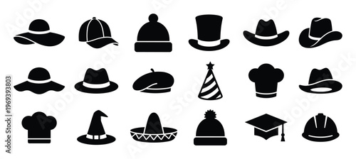 Collection of various black hat icons including fedora, cowboy, chef, witch, and party hats, presented as simple silhouettes
