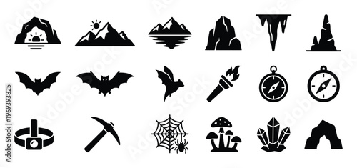 Collection of black silhouette icons representing various cave and mountain exploration elements, presented in a clean, graphic style