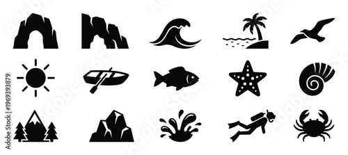 Collection of fifteen black silhouette icons representing various outdoor and aquatic activities and elements