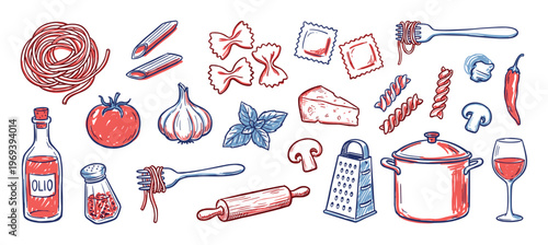 Various hand-drawn Italian food ingredients and kitchen utensils are scattered across a white surface, creating a vibrant culinary illustration