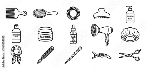 Collection of various outline icons representing different hair care products and styling tools, presented in a clean, minimalist style