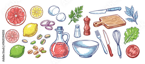 Vibrant collection of hand-drawn kitchen ingredients and utensils, including citrus fruits, herbs, and cooking tools, presented in a lively sketch style