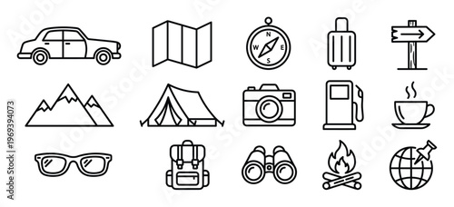 Collection of travel and adventure outline icons, including a car, map, compass, luggage, and campfire, presented in a clean, minimalist style