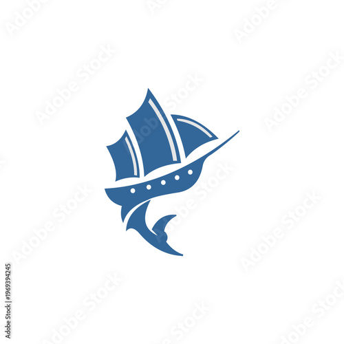 A dynamic and creative minimalist logo in slate blue and light grey, depicting a sailing ship combined with a sailfish.
