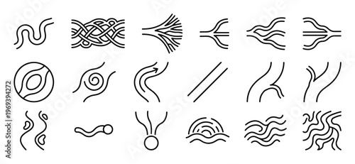 Collection of various black line icons depicting different types of fluid flow and movement patterns, presented in a clean, graphic style