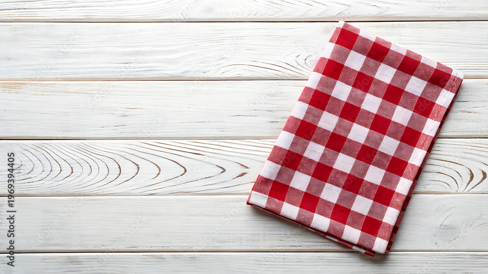 Obraz premium Red and white gingham checkered cloth on light wooden table surface