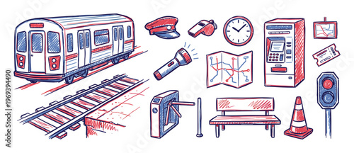 Collection of hand-drawn red and blue metro and subway elements, including a train, tracks, and station accessories