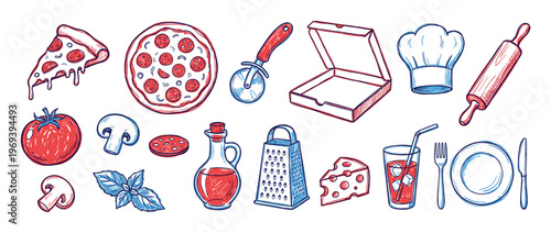 Collection of hand-drawn pizza-related items and ingredients, including a slice, whole pizza, and cooking tools, in a vibrant sketch style