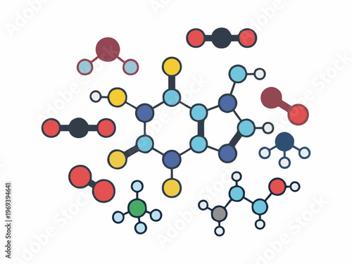 Chemical molecular structure set with different atoms and bonds vector flat illustration