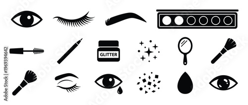 Collection of black and white makeup and eye care icons, including mascara, eyeliner, glitter, and brushes, presented in a clean, graphic style