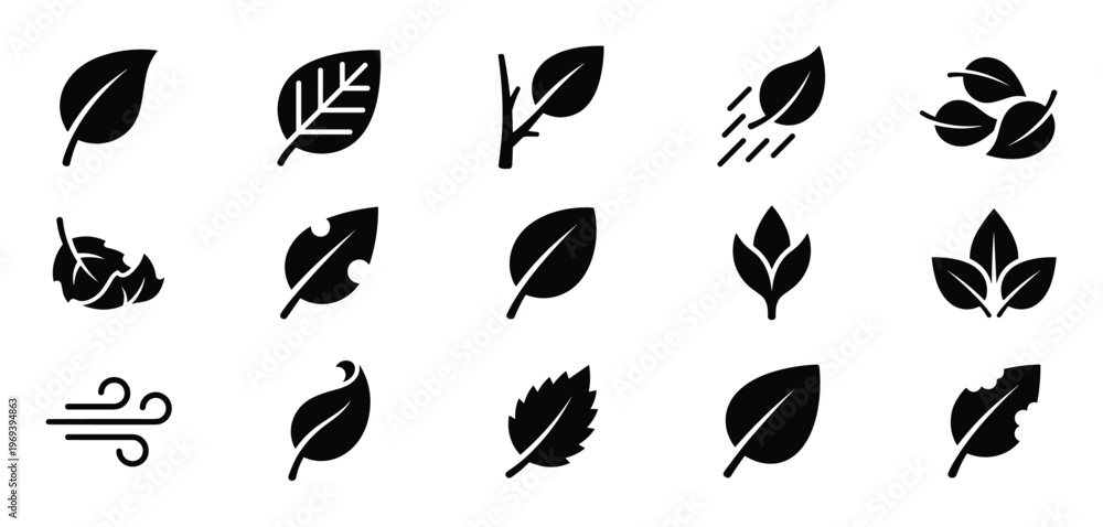 Fototapeta premium Collection of various black silhouette leaf icons, including whole, damaged, and wind-blown designs, presented in a clean, graphic style