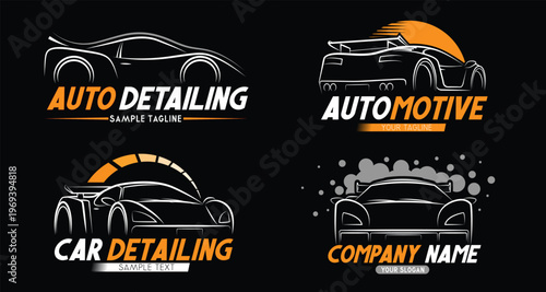 Collection of Automotive Logos with Stylized Sports Cars and Speedometer Elements on Black Background - vector illustration