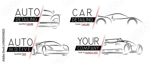 Minimalist Auto Detailing Logo Concepts Featuring Line Art Car Shapes on White Background - vector illustration
