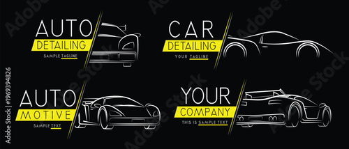 Sleek Automotive Branding Templates with Elegant Car Outlines on Black Background - vector illustration